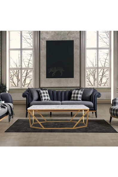 Hitit Dekorasyon Lavina Gold Metal Mermer Desenli Orta Sehpa - 5