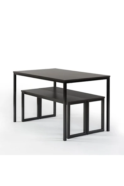 Hitit Dekorasyon Blody Siyah Metal Ahşap Yemek Masası Takımı - 3