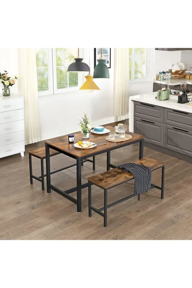 Hitit Dekorasyon Baro Siyah Metal Ahşap Bench 2 Adet - 6