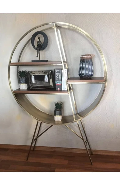 Hitit Dekorasyon Aşil Pirinç Eskitme Metal Yuvarlak Duvar Rafı Kitaplık