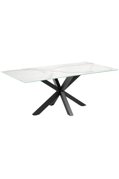 Hitit Dekorasyon Sias Metal Cam Yemek Masası Siyah Ayak Beyaz Mermer Desenli Cam Tabla