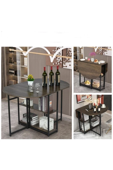 Hitit Dekorasyon Nona Siyah Metal Kahverengi Katlanır Yemek Masası - 7