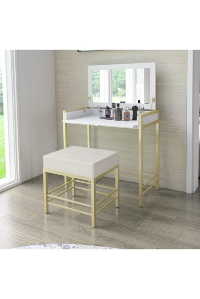 Hitit Dekorasyon Claudia Gold Metal Beyaz Makyaj Masası & Tabure - 2