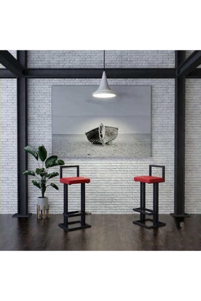 Hitit Dekorasyon Line Siyah Metal Bar Sandalyesi Kırmızı - 4