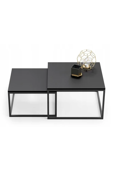 Hitit Dekorasyon Kawo Siyah Metal Ahşap İkili Orta Sehpa Siyah - Resim 2