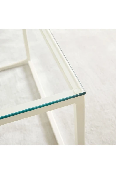 Hitit Dekorasyon Stream Metal Orta Sehpa Beyaz Ayak Şeffaf Cam Tabla - Resim 4