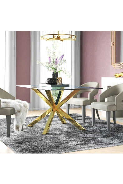 Hitit Dekorasyon Erika Gold Metal & Cam Kare Yemek Masası - 3
