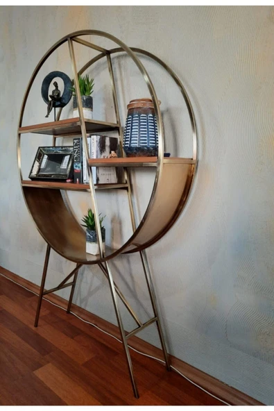 Hitit Dekorasyon Aşil Pirinç Eskitme Metal Yuvarlak Duvar Rafı Kitaplık - 3