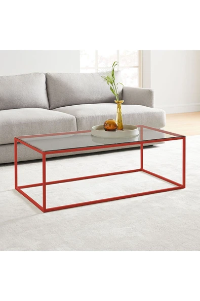 Hitit Dekorasyon Stream Metal Orta Sehpa Kırmızı Ayak Şeffaf Cam Tabla ürün görseli 1