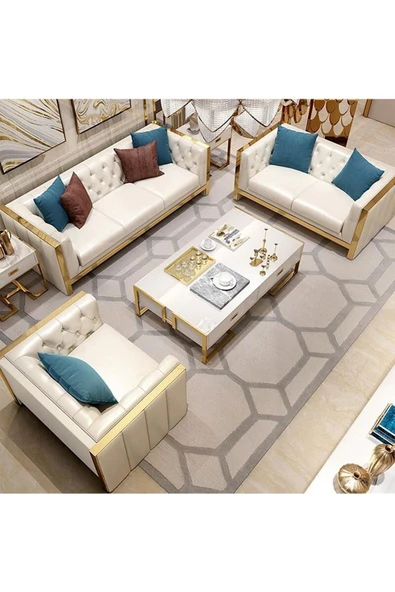 Hitit Dekorasyon Barbara Gold Metal Beyaz Orta Sehpa - 5