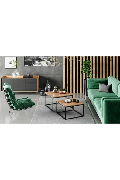 Hitit Dekorasyon Kawo Siyah Metal Ahşap Ikili Orta Sehpa Meşe ürün görseli 1