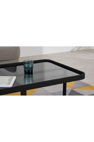 Hitit Dekorasyon Aula Siyah Metal Cam Dikdörtgen Orta Sehpa - 3