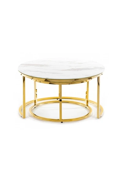 Hitit Dekorasyon Haley Pirinç Mermer Desenli İkili Orta Sehpa Gold - Resim 3