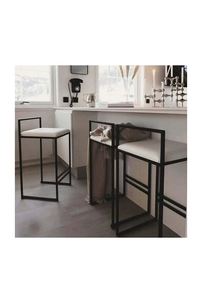 Hitit Dekorasyon Elina Siyah Metal Beyaz Bar Sandalyesi - 2