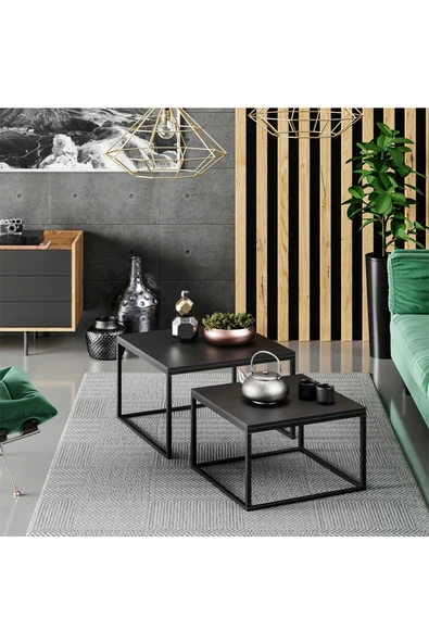 Hitit Dekorasyon Kawo Siyah Metal Ahşap İkili Orta Sehpa Siyah ürün görseli 1