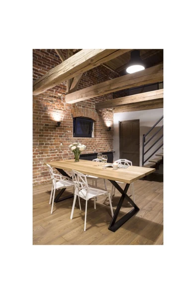 Hitit Dekorasyon Cross Siyah Metal Masif Ahşap Yemek Masası - 2