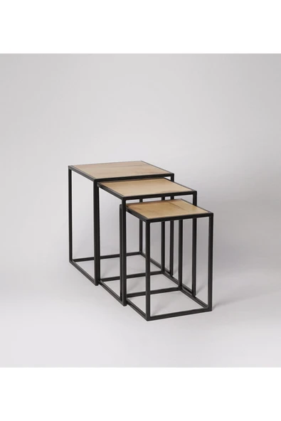 Hitit Dekorasyon Beck Siyah Metal Ahşap Üçlü Zigon Sehpa ürün görseli 1