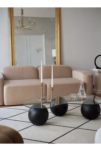 Hitit Dekorasyon Fasülye Küre Ahşap Cam Orta Sehpa Siyah ürün görseli 1