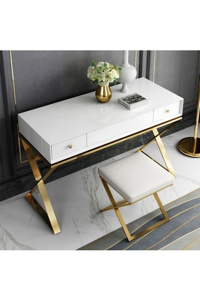 Hitit Dekorasyon Alisha Gold Metal Beyaz Makyaj Masası & Tabure - 3