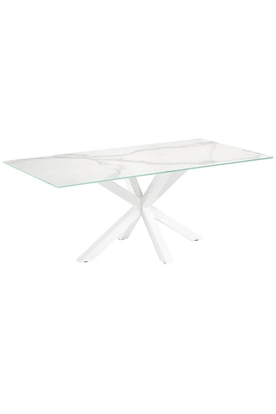 Hitit Dekorasyon Sias Metal Cam Yemek Masası Beyaz Ayak Beyaz Mermer Desenli Cam Tabla