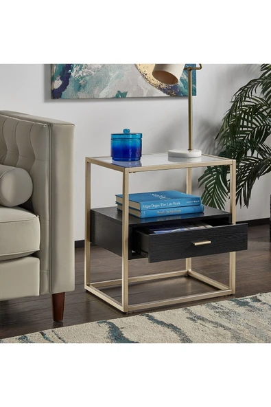 Hitit Dekorasyon Faye Gold Metal Ahşap&cam Yan Sehpa - Resim 2