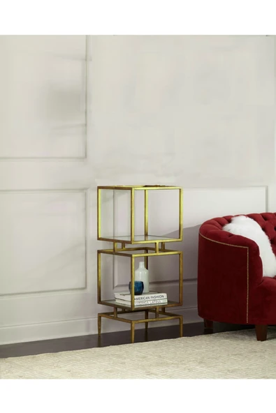 Hitit Dekorasyon Olope Gold Metal 2 Raflı Kitaplık Çiçeklik Gümüşlük Duvar Rafı ürün görseli