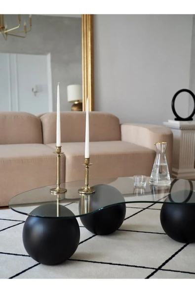Hitit Dekorasyon Fasülye Küre Ahşap Cam Orta Sehpa Siyah - Resim 2