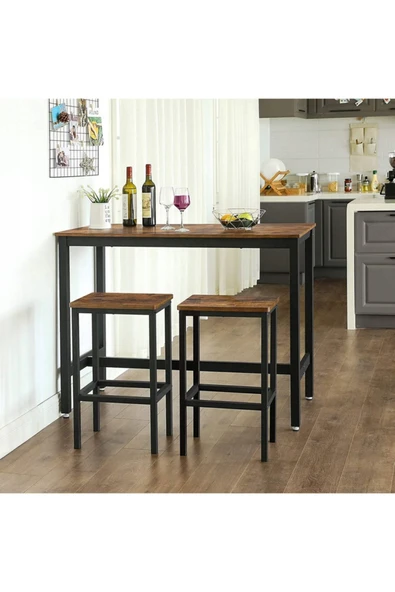 Hitit Dekorasyon Baro Siyah Metal Ahşap Yemek Masası Seti - 3