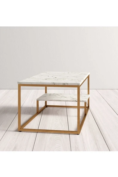 Hitit Dekorasyon Perus Beyaz Ahşap / Gold Metal Orta Sehpa - Resim 3