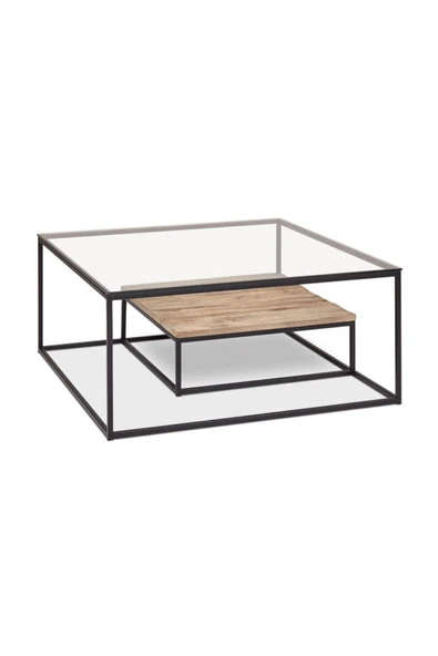 Hitit Dekorasyon Drual Siyah Metal Cam Ahşap Orta Sehpa - 2