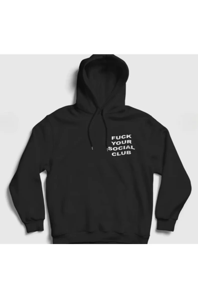 fame-stoned Fuck Your Social Club Sol Logo Baskılı Unisex %100 Pamuk Kapüşonlu Siyah Sweatshirt ürün görseli 1