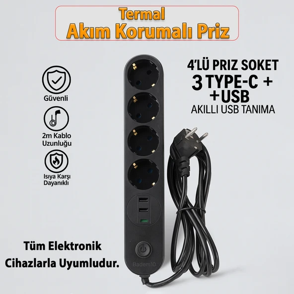 4 Prizli 3 USB Girişli Akım Korumalı Topraklı Golyat Grup Şarj Fiş Priz 2 Metre Uzatma Kablosu - Resim 2