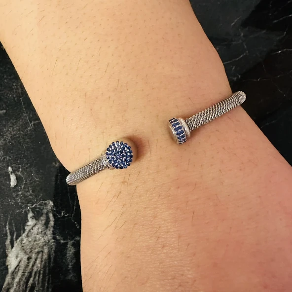 Gümüş Erkek Bileklik,0.60 Karat Safir Bileklik Özel Tasarım,Şık Hediye - 2