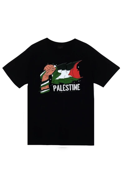 fame-stoned Free Palestine, Özgür Filistin Bayrağı Baskılı Unisex %100 Pamuk Siyah T-shirt ürün görseli