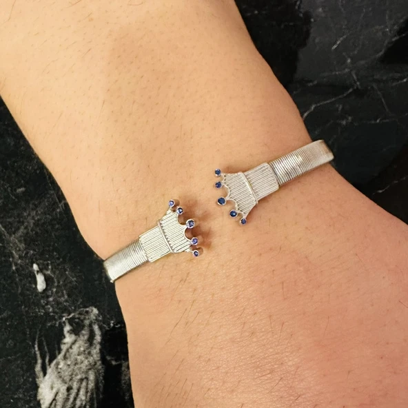 Gümüş Erkek Bileklik , 0.15 Karat Doğal Safir Taşlı,Şık Tasarım,Kararmaz Çelik Bant - 2