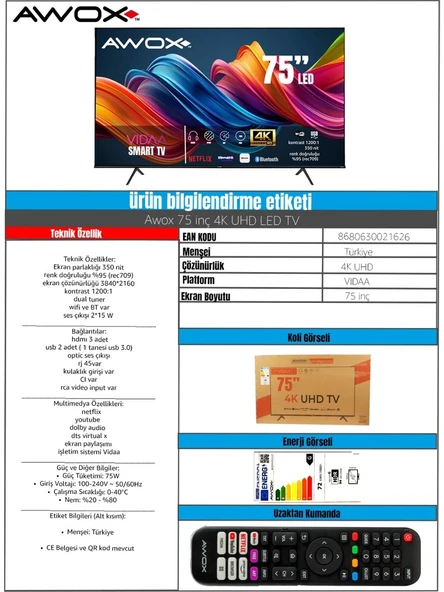 Awox B227500 4K Ultra HD 75" 190 Ekran Uydu Alıcılı Smart LED TV - 2