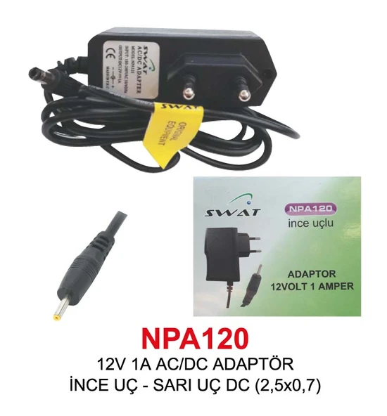 12V 1A AC/DC ADAPTÖR İNCE UÇ - SARI UÇ DC (2,5x0,7)