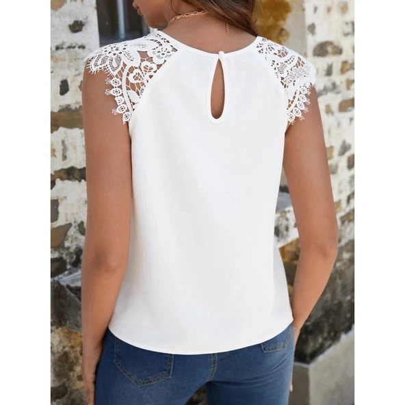 Lucky Life Kadın Kısa Kollu Bisiklet Yaka Ithal Krep Bluz - 4