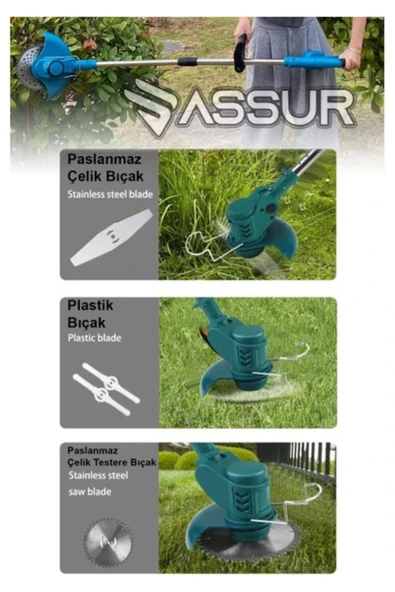 assurr “ASR 776 21 V Çift Akülü Teleskopik Çim‑Çalı Biçme Makinesi (2 Akü, Bıçak + Misina Seti, ) - Resim 2