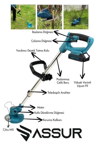 assurr “ASR 776 21 V Çift Akülü Teleskopik Çim‑Çalı Biçme Makinesi (2 Akü, Bıçak + Misina Seti, ) - Resim 3
