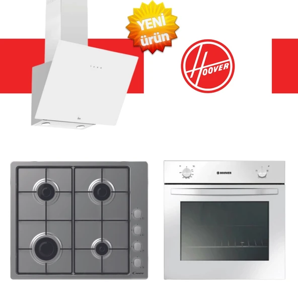 Hoover & Candy Genova Ankastre Set ( HON100W Beyaz + CHW6LX inox +  HDG6C1GWTK Beyaz ) ürün görseli 1