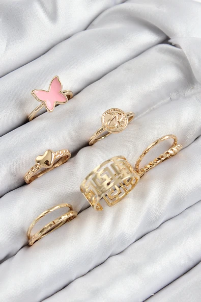 Pirinç Kelebek Ve Kalp Model Gold Renk Kadın Yüzük Kombin Set - TJ-BYK3817 ürün görseli