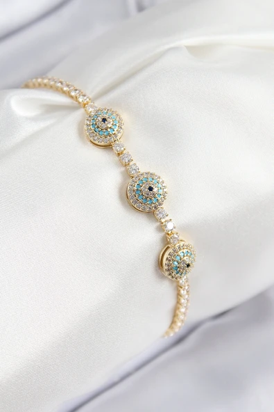 Pirinç Zirkon Taşlı Nazar Model Gold Renk Kadın Bileklik - TJ-BB7705 ürün görseli 1