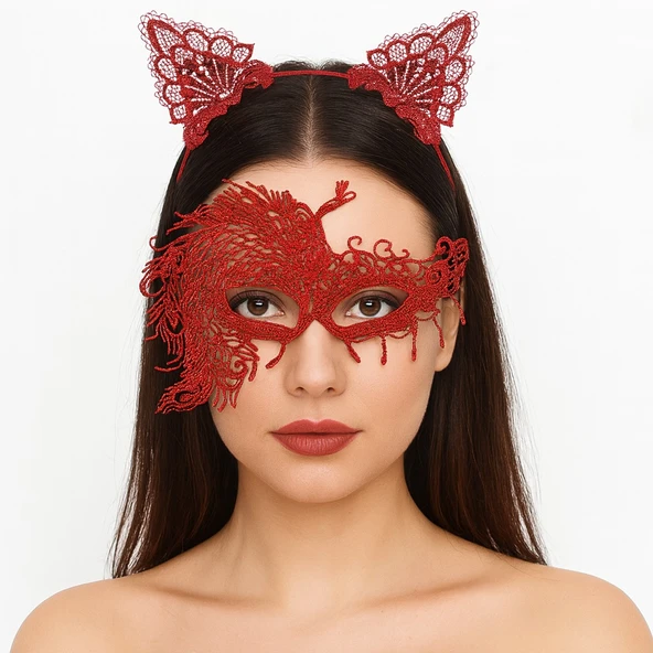 Alevin Zarafeti Kırmızı Dantel Maske ve Taç Seti 4 No - Kadın Kostüm Tamamlayıcı ürün görseli 1