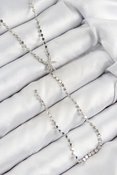 Pirinç Zirkon Taşlı Ezme Zincirli Deniz Yıldızı Model Gümüş Renk Y Kolye - TJ-BKO10466 ürün görseli 1