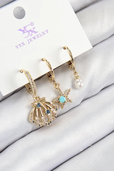 Pirinç Zirkon Taşlı 3'lü İstiridye Ve Yıldız Model Gold Renk Kadın Küpe - TJ-BKP11141 ürün görseli 1