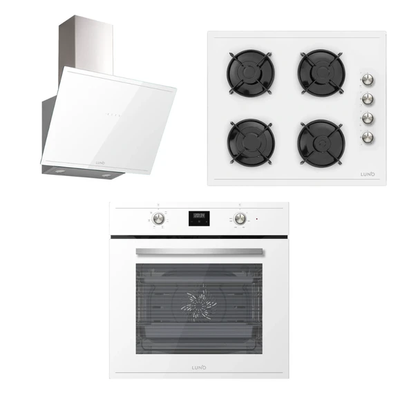 LUNO Beyaz Cam Ankastre Set - 3481W Davlumbaz - L638W01 Ocak - F502W01 Fırın
