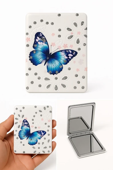 Kelebak Tasarımlı Simli Büyüteçli Pratik Mini Cep Çanta Makyaj Aynası - 2
