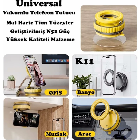 Arell Teknoloji l Vakumlu Telefon Tutucu 360° Oynar Başlıklı Sökülebilir Mıknatıslı Araç Içi Tutucu - K11 - Resim 5
