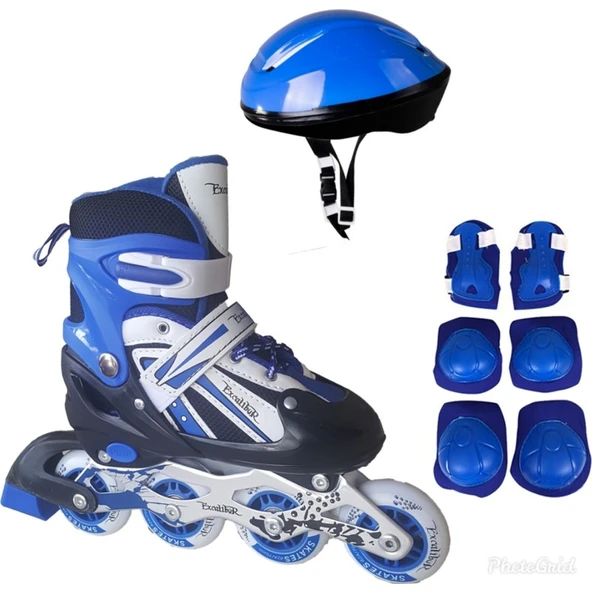 Asya Oyuncak Çift Sıra Ayarlanabilir Alıştırma Pateni + Kask + Dizlik Seti (Mavi 34-37)